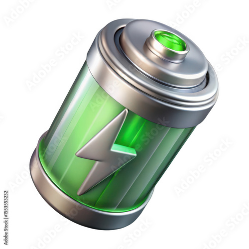3d Full green battery icon isolated on transparent background
