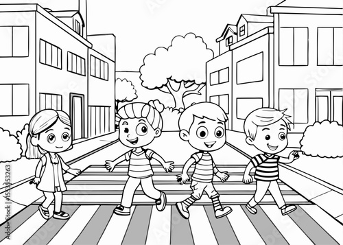Children Crossing the Street at a Crosswalk in a Black and White Illustration