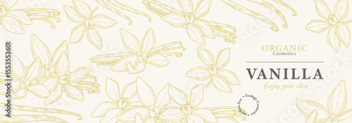 Vanilla-scented cream label. Packaging of Vanilla cosmetics for skin. Aromatherapy and spa. Design template with hand drawn graphics.
