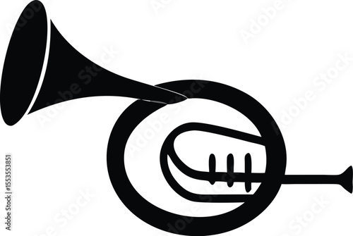 Minimalist black tuba silhouette with detailed valves presents a clean, modern musical illustration