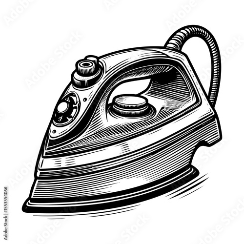 Steam cloth iron sketch engraving black and white outline. Scratch board imitation.