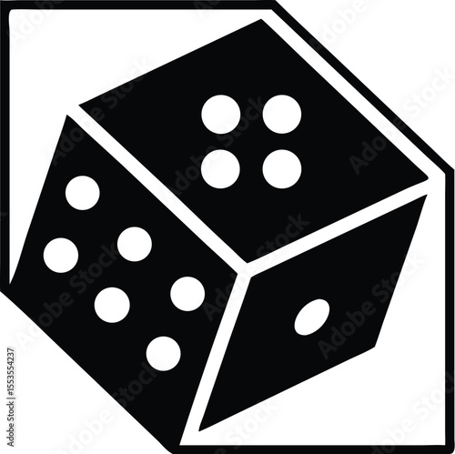 An isolated black die with white dots sits inside a square outline, transparent background