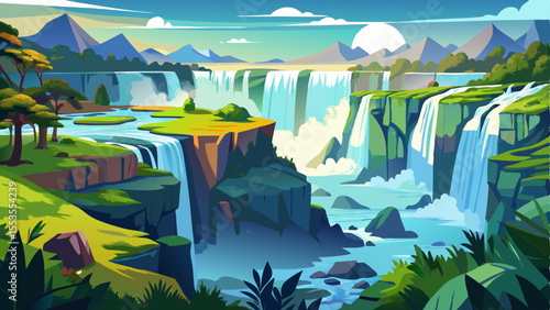 Spectacular view of Iguazu Falls from the Argentinian National Park, with powerful cascading water surrounded by lush green tropical forest. Mist rising from the waterfall