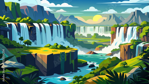 Spectacular view of Iguazu Falls from the Argentinian National Park, with powerful cascading water surrounded by lush green tropical forest. Mist rising from the waterfall