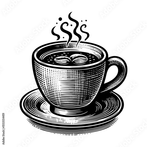 hot coffee cup engraving black and white outline. Scratch board imitation.  illustrated in vintage line art style on a white background.