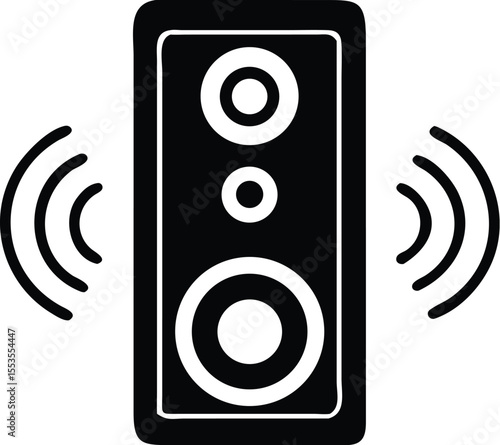 Black speaker emits sound waves in this bold minimalist, transparent background art