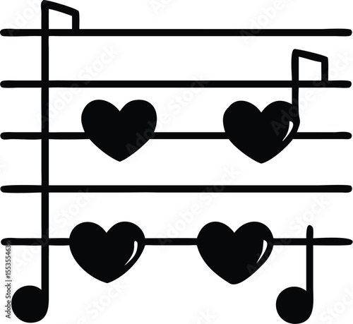 Music staff features heart notes, creating a sweet harmony on transparent backdrop