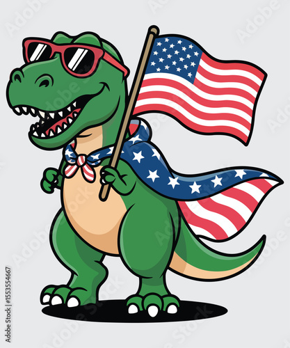 Vector art of a patriotic cartoon dinosaur wears sunglasses and a cape while holding an american flag