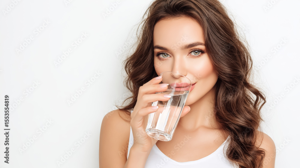 A young woman with long hair smiles softly while drinking a clear glass of water against a white background. A young woman with long hair smiles softly while drinking a clear glass of water against a white background.