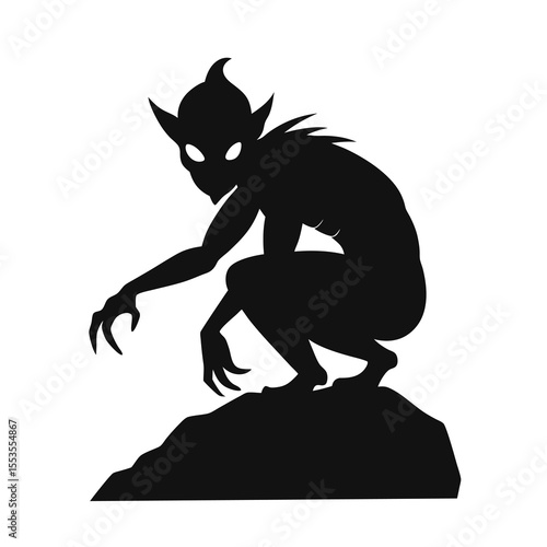 Silhouette vector Sneaky Goblin Crouching on Rock – Fantasy  Enemy Pose