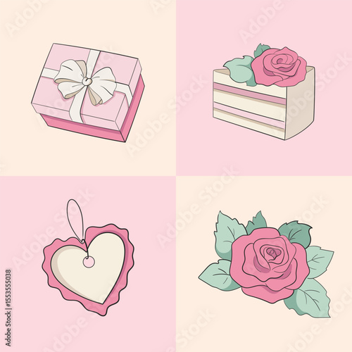 Cute Pastel Girlish Birthday Cake With Candles Vector Illustration.