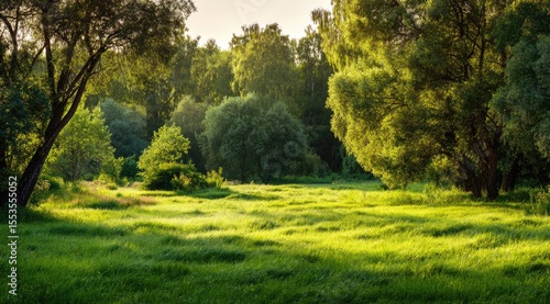 Fototapeta Naklejka Na Ścianę i Meble -  Lush green meadow bathed in sunlight