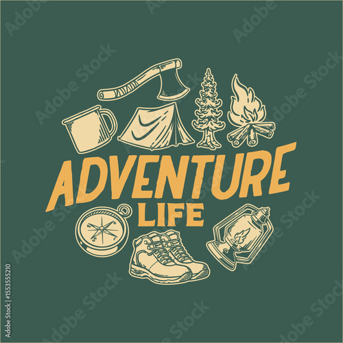 set of vintage camping adventure for pattern and merchandise design