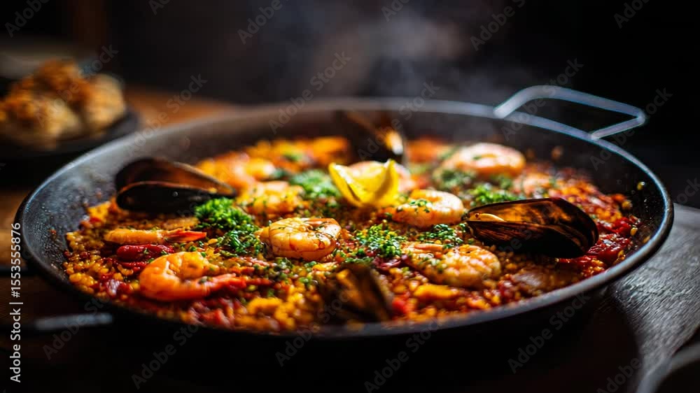 A large pan of steaming hot, traditional Spanish seafood paella with shrimp, mussels, and scallops. Freshly cooked authentic Mediterranean cuisine.
A large pan of steaming hot, traditional Spanish seafood paella with shrimp, mussels, and scallops. Freshly cooked authentic Mediterranean cuisine.