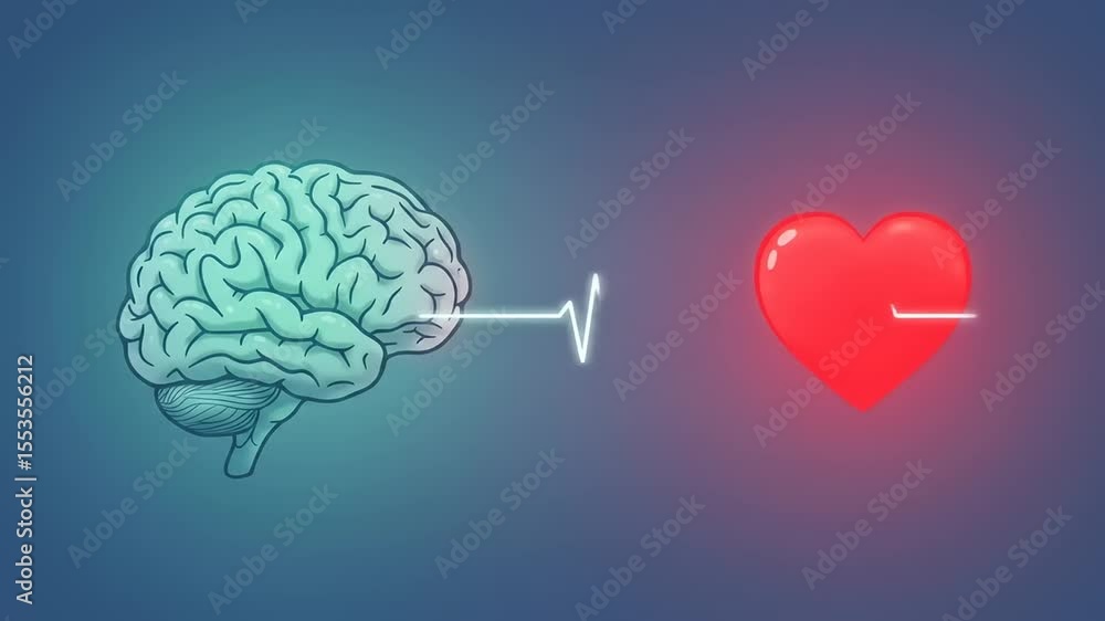 Illustration of a brain and heart connected by a heartbeat line, symbolizing mental and emotional connection Illustration of a brain and heart connected by a heartbeat line, symbolizing mental and emotional connection