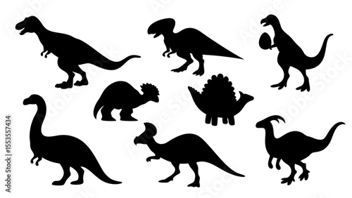 Vector illustration of dinosaur silhouette including Stegosaurus, Brontosaurus, Velociraptor, Triceratops, Tyrannosaurus rex