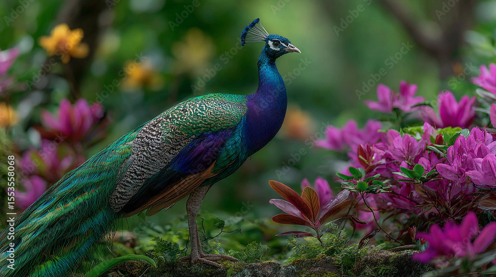 Obraz premium Vibrant peacock displaying its feathers amidst blooming flowers in tropical garden
