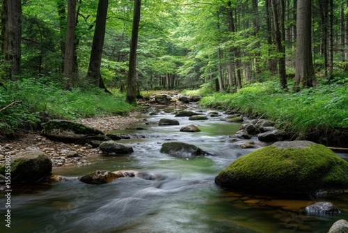 Shallow stream under forest canopy