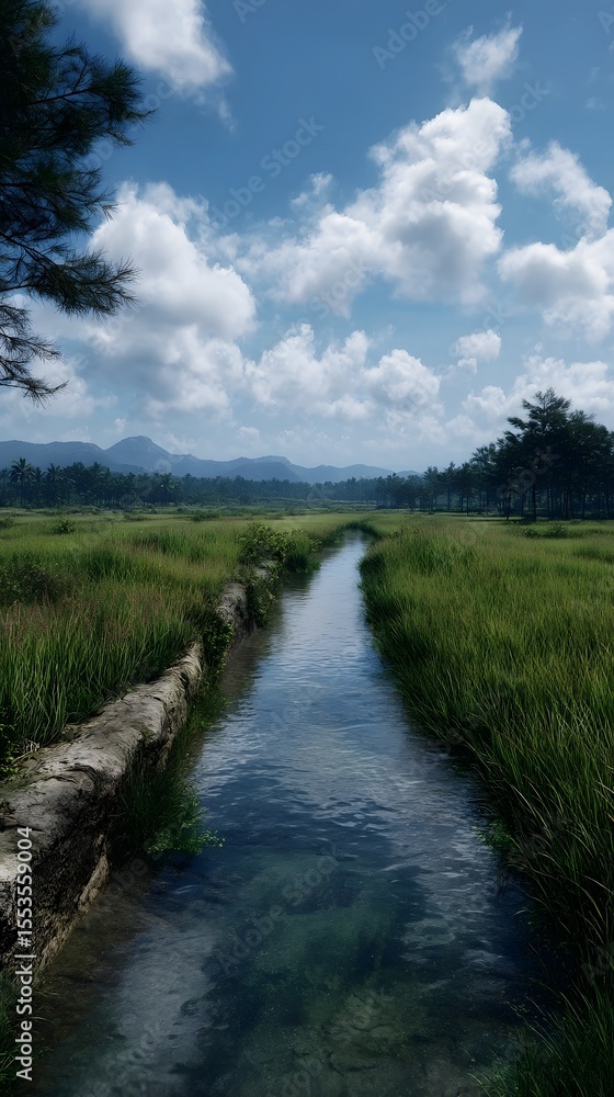 A rural irrigation canal feeding lush green paddy fields A rural irrigation canal feeding lush green paddy fields