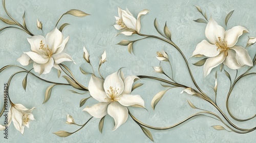 Delicate floral design in cream and muted greens on a light teal background.