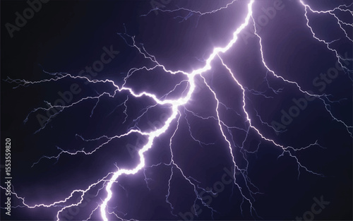 Storm weather with lightning and thunder, electricity bolt, dark night sky, light and shine, grey, blue, purple and white colors, thunderstorm and thunderbolt, realistic vector illustration	