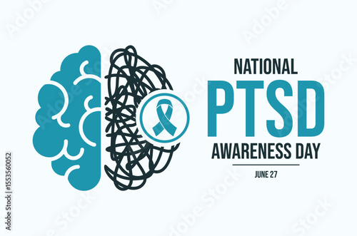 National PTSD Awareness Day poster vector illustration. Posttraumatic stress disorder teal awareness ribbon icon. Human brain with depression vector. Template for background, banner, card. 27 June