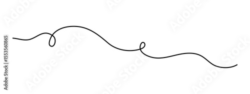 Scribbly stroke one line art, hand drawn wavy curly dividing element drawing continuous contour. Twiddle swirl separator curve strip with volutes and tendril design. Isolated. Editable stroke. Vector