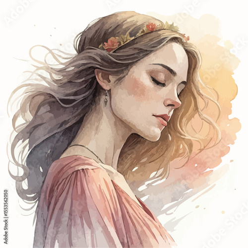 Woman with closed eyes, her hair flowing into the sunset sky. Realistic vector illustration in soft warm colors, done in watercolor technique.