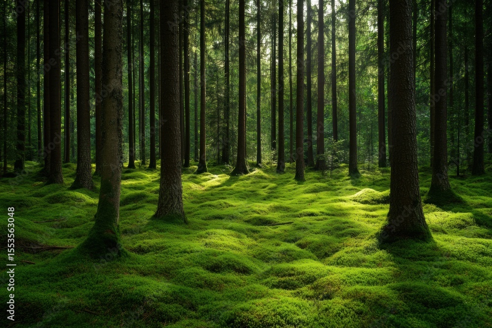 Obraz premium Peaceful pine forest with green moss and trees