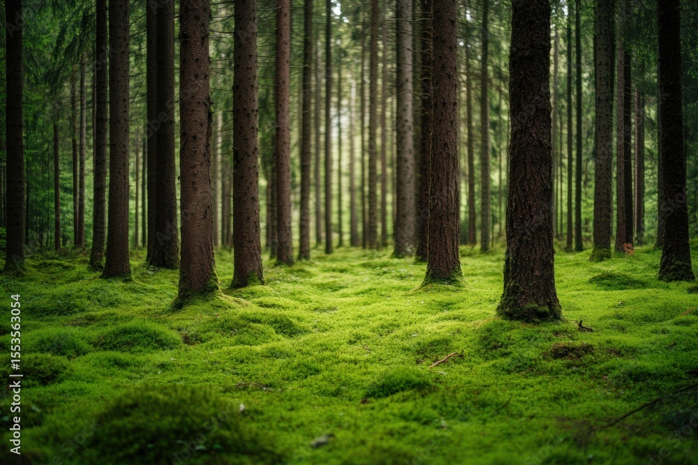 Fototapeta premium Summer forest with sunlight and mossy floor