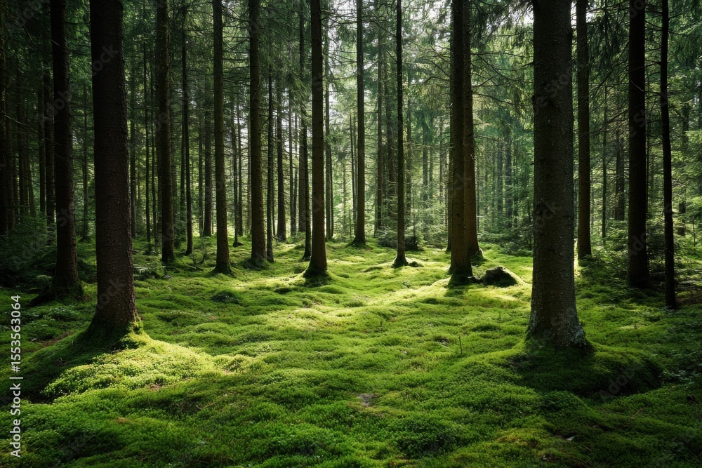 Naklejka premium Lush forest floor with moss and tree trunks