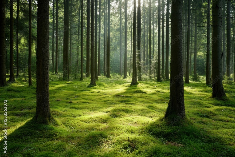 Naklejka premium Forest clearing with vibrant moss and tall pines