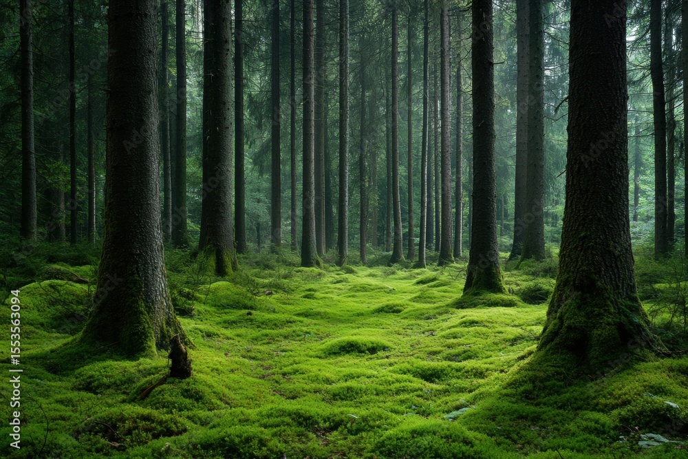 Obraz premium Silent pine forest with thick moss layer