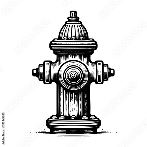 Water hydrant engraving black and white outline. Scratch board imitation.  illustrated in vintage line art style on a white background.