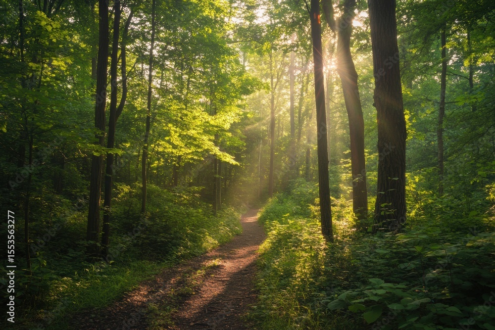 Naklejka premium Wooden forest path in golden light