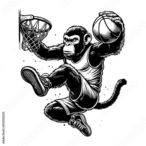 Monkey slam dunk sketch engraving black and white outline. Scratch board imitation. illustrated in vintage line art style on a white background.