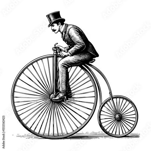 Gentleman riding penny farthing bicycle sketch engraving black and white outline. Scratch board imitation.  illustrated in vintage line art style on a white background.