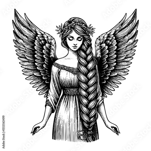 flying angel engraving black and white outline. Scratch board imitation.