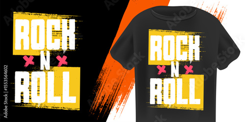 Rock N Roll T-Shirt Design Vector with bold Orange and White Grunge Text with Paint Splatters on Black Background, Ideal for Music, Streetwear, and Festival Apparel. Rock n roll logo design template