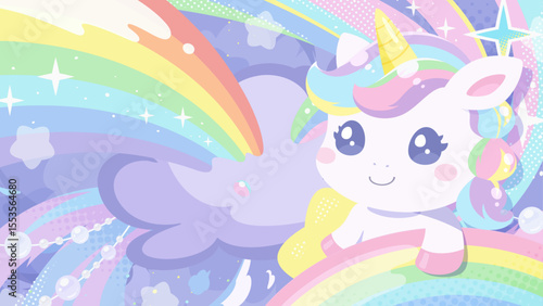 かわいいポップなユニコーンの背景イラスト_16:9