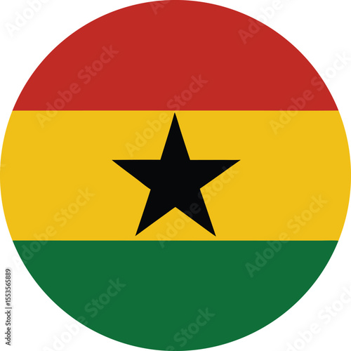 Vector illustration of Ghana national flag in circular shape with red, yellow, and green stripes and a black five-pointed star in the center