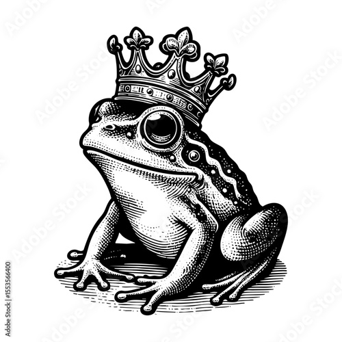 Frog wear crown sketch engraving black and white outline. Scratch board imitation.