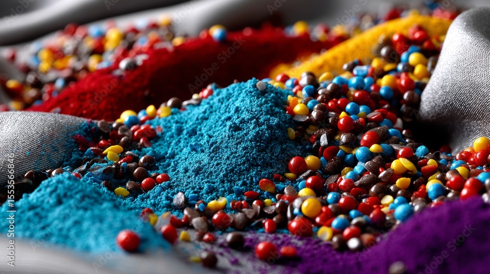 Obraz premium Vibrant colorful powder spices and candy sprinkles for abstract festive background in culinary food photography concept