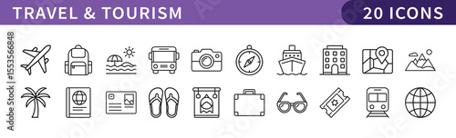 Travel and Tourism Icons for Vacation and Exploration, A collection of 20 icons representing travel, tourism, and adventure, ideal for vacation planning, travel websites, or tourism services.
