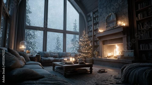 A cozy rustic living room with a lit fireplace and an illuminated Christmas tree, with large windows showing a blizzard in the forest. Magical and cozy winter atmosphere.

