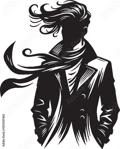 Silhouette of a fashionable person wearing a coat and scarf with windy hair and stylish design for trendy visuals