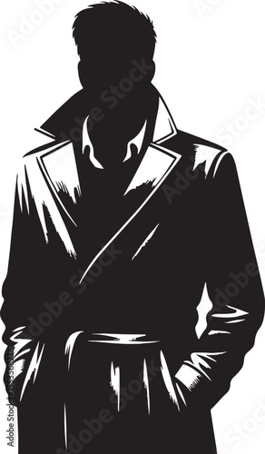 Stylish silhouette of a man wearing a trench coat in a classic comic book style illustration suitable for various design purposes.