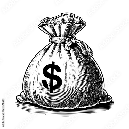 sack of money sketch engraving black and white outline. Scratch board imitation.