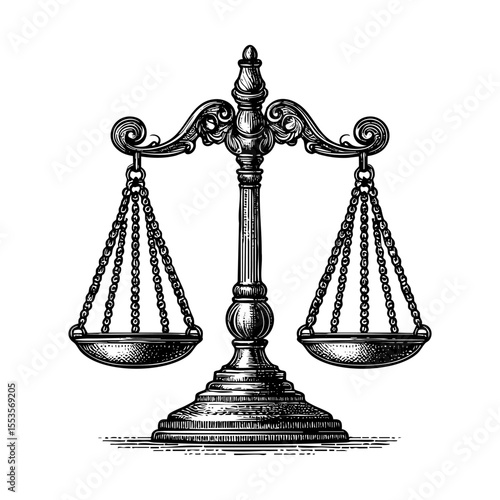 Scales of justice sketch engraving black and white outline. Scratch board imitation.  illustrated in vintage line art style on a white background.