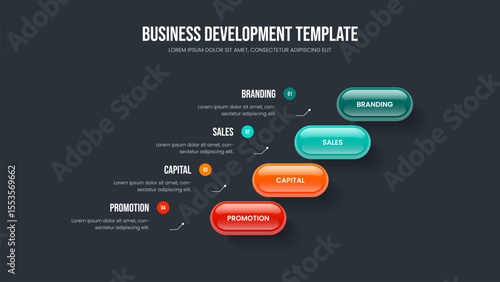 Modern Analysis Four Element Infographic Slide Template. Creative Report Presentation Design Vector Illustration. Digital Growth 4 Step Diagram Frame Layout.